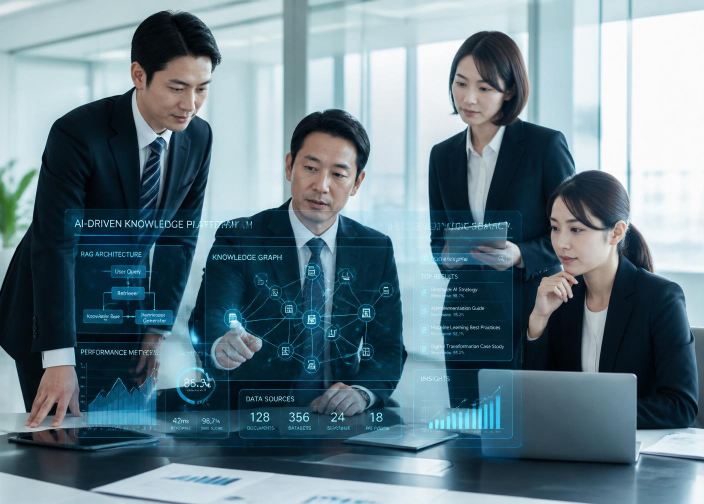 AIナレッジプラットフォームのダッシュボードを確認する日本のビジネスチーム